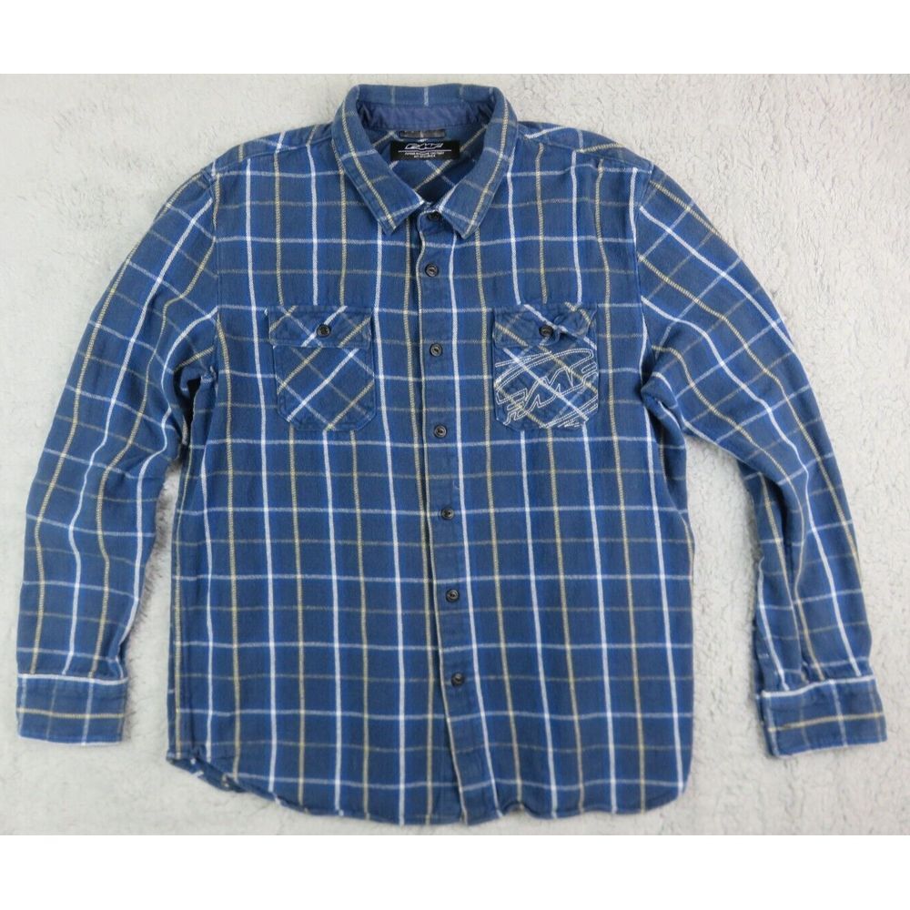 Mens FMF Flannel Long Sleeve Button Front Shirt Size L Cotton Flannel Blue Y2K‎